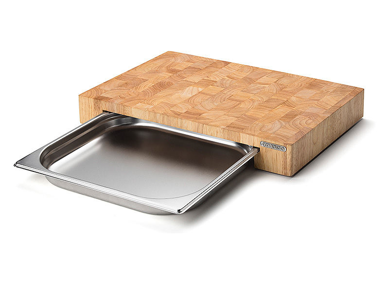 snijplank met roestvrijstalen lade, rubberhout kops 48x32.5x6.5