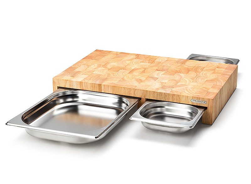snijplank met 3 rvs ladesroestvrijstalen lade, rubberhout kops 50x32.5x8.5 